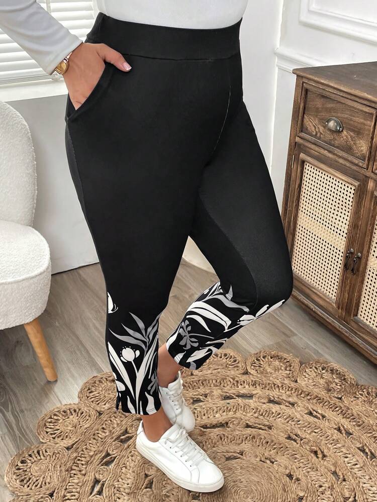 Plus Size Women Pocket Plant Print Skinny Casual Pants