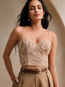 Anewsta Áo hai dây thêu hạt cườm thanh lịch dành cho nữ - Màu Cam san hô - Xem 7
