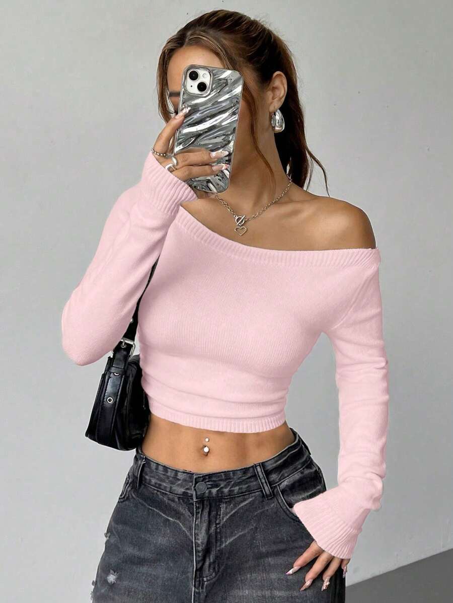 SHEIN Unity Women's Simple Solid Color Open Shoulder Long Sleeve Casual Sweater, Long Sleeve Top Knit Pullover Fall Winter - Baby Pink - View 1