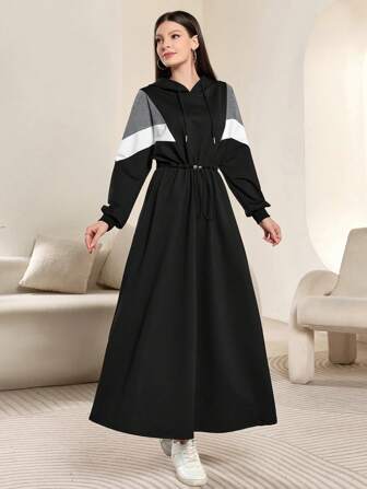Mulvari Women's Color Block Long Sleeve Drawstring Hooded Casual Sweatshirt Dress, Spring Autumn Graduation,Back To School Outfits,Graduation,Teacher Outfits For Women,Back To School Pullover Fall Outfit