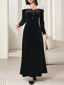 Modelyn Women's Elegant Colorblock Patchwork Dress, Autumn Long Evening Dresses