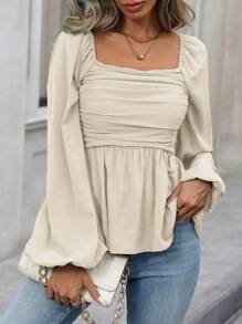 EMERY ROSE 女士春秋纯色方领灯笼袖褶皱荷叶边下摆衬衫荷叶边上衣 - 杏色 - 查看 3