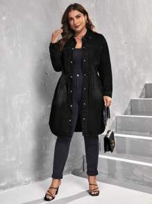 SHEIN ICON Women's Plus Size Solid Color Simple Daily Long Sleeve Denim Jacket, Fall Women Clothes - Black - View 5