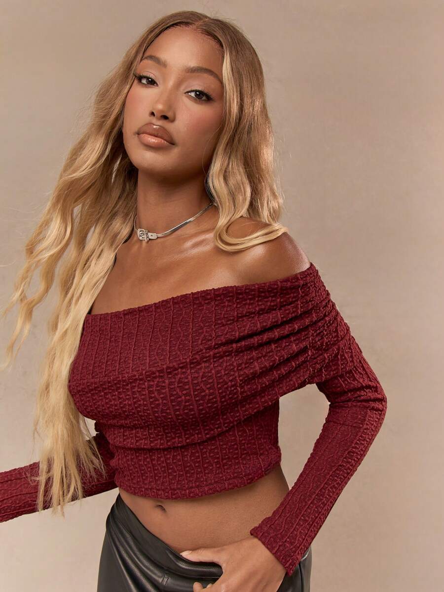 MISSGUIDED Transparentes Mesh-Spitzen-Gerafftes Off-Shoulder Langarm Crop Top für Weihnachten
