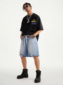 Manfinity VCAY Áo thun nam cổ tròn tay ngắn in họa tiết tiếng Anh dáng rộng, phù hợp cho mùa hè - trắng - Xem 5