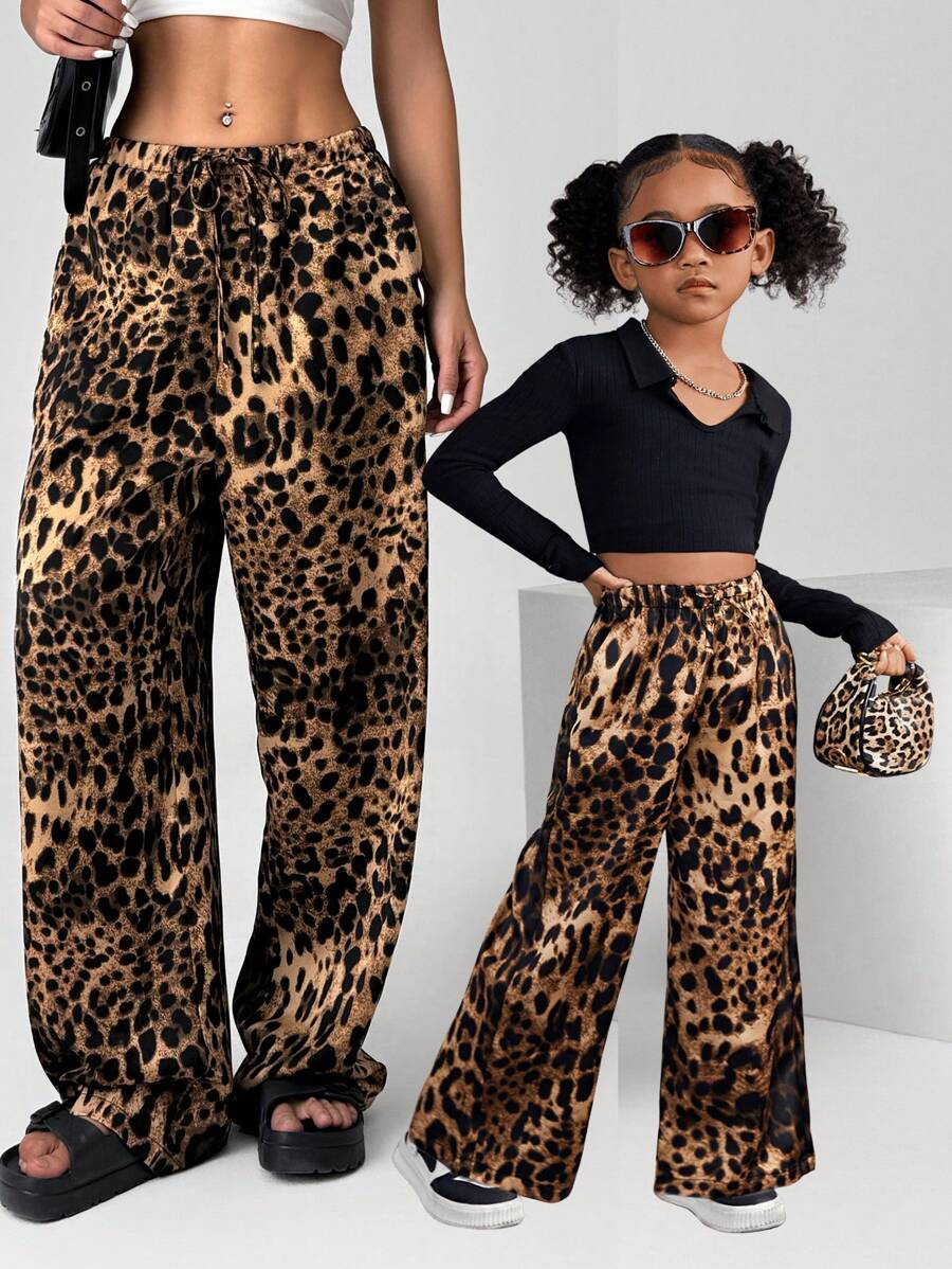 SHEIN Leap Crew Quần dài ống rộng in họa tiết da báo cho bé gái, kiểu dáng thường ngày năng động, cá tính, thích hợp mặc cùng mẹ và bé (bán riêng lẻ). - màu nâu - Xem 1