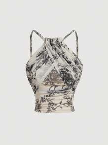 SHEIN MOD Áo ba lỗ nữ crop top in hoa trắng lưới màu mơ - Nhiều màu - Xem 1