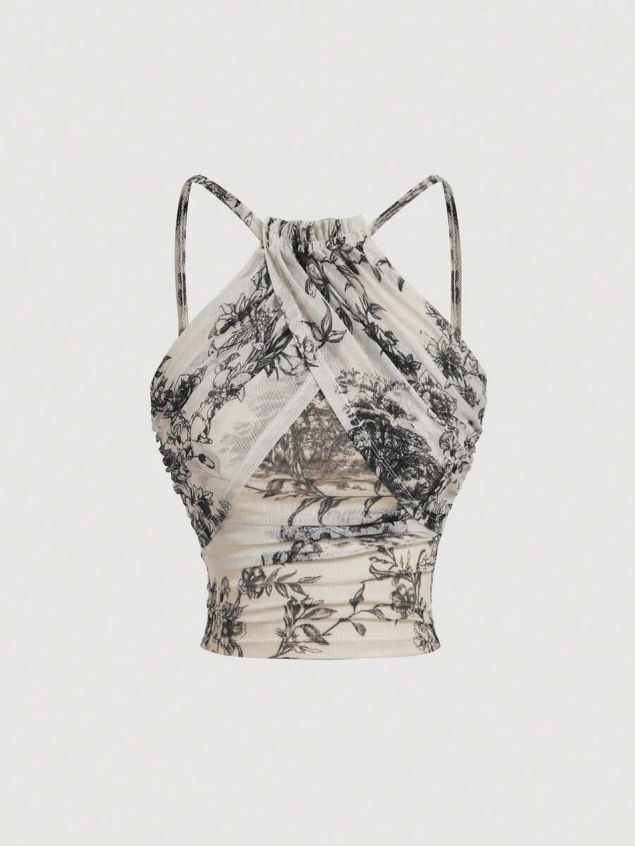 SHEIN MOD Áo ba lỗ nữ crop top in hoa trắng lưới màu mơ - Nhiều màu - Xem 1