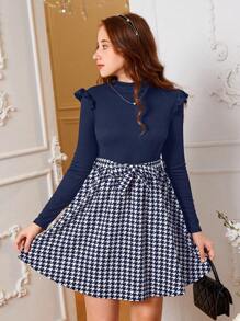 Teen Girls' Casual Flutter Sleeves Colorblock & Houndstooth Pattern Midi Dress, Autumn Winter - Navy Blue - View 1