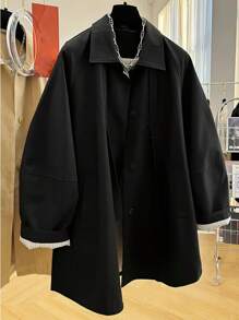 UREREM 单排扣纯色风衣，女士休闲长袖外套，秋冬 - 黑色 - 查看 3