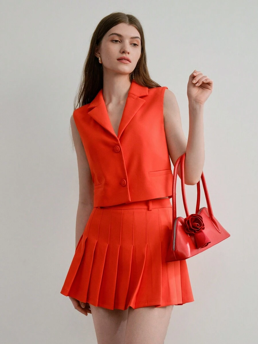 MOTF STUDIO 纯色百褶裙 - 紅色 - 查看 1