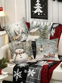 Winter Holiday Themed Throw Pillow Covers Set Of 4, Polyester, Hand Wash, Zippered, Snowman & Deer Print, Contemporary Style For Living Room Decor - Green Toned, Soft & Comfortable Woven Fabric - Multicolor - View 3