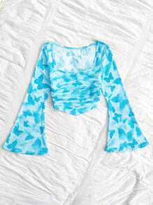 Soleia Women's Vacation Knitted Mesh Red Insect Butterfly Print V-Neck Long Flared Sleeve Fitted Cute T-Shirt - Baby Blue - View 6