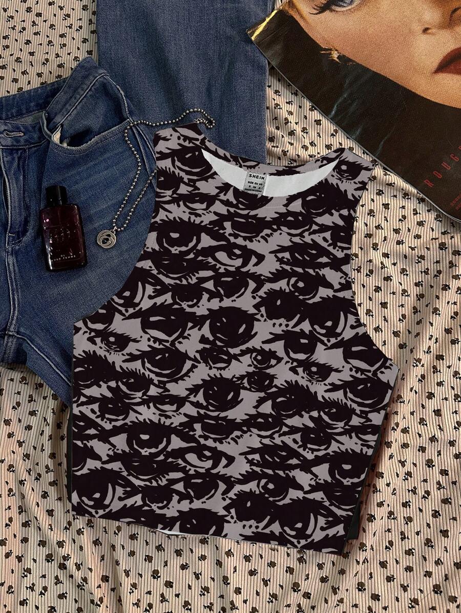 Attitoon Áo ba lỗ in hình mắt toàn thân cổ tròn phong cách Grunge giản dị dành cho nữ, mùa hè - trắng - Xem 1