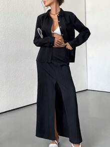 Aveloria Modichic French Elegant Versatile Textured Fabric Simple Shirt And Long Skirt 2-Piece Set, Autumn Fall Cloth For Women - Black - View 5