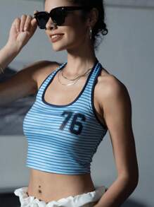 INAWLY Women's Fashionable Backless Strap, Striped & Numeric Print, Fitted Camisole - Multicolor - View 9
