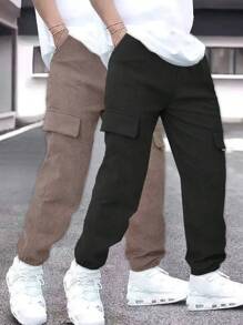 SHEIN 2pcs Tween Boys Casual Ribbed Fabric Pocket Pants Set - Multicolor - View 1