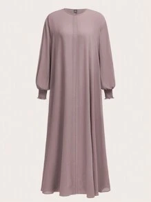 Al Najma 1 件女式休闲纯色长袖长袍，休闲朴素长袍，适合日常休闲/旅行/度假/休假 - 卡其色 - 查看 3