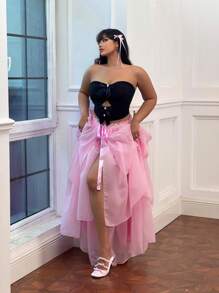 Lyrianda Plus Size Women Solid Color Bow Decor Hollow Out Ruched Slim Fit Bandeau Top, Summer