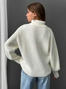 EURMUSE Casual Turtle Neck Balloon Sleeve Cable Knit Detail Plain Solid Sweater - White - View 3
