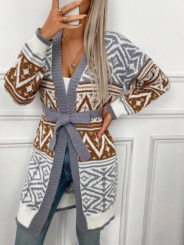 SHEIN LUNE Cardigan tricotat cu curea, retro, cu decolteu în V, model rombic, bloc de culoare