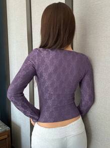 DAZY Lace Trim Fitted Sleepwear Top, Thermal Lined Fall,Winter Pajama