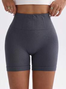 SHEIN Sports Women's Solid Color Everyday Fitness Sports Shorts - Dark Grey - View 4