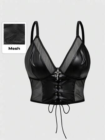 Goth Plus Size Gothic Style Leather & Mesh Black Cami Top For Women, For Summer