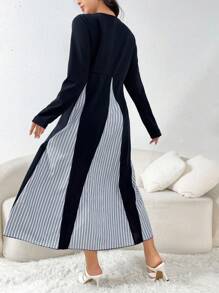 Mulvari 女式优雅拼色条纹印花长袖中长连衣裙 - 藍色 - 查看 5