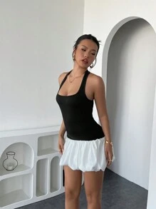 INAWLY 女式休闲拼色迷你露背黑白连衣裙，夏季 - 黑與白 - 查看 6