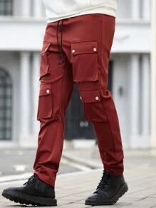 Manfinity CasualCool Men's Casual Solid Cargo Pants With Front Drawstring & Multiple Pockets
