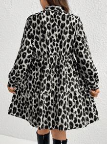 Calvaya Vestido de manga larga con escote en V, dobladillo con volantes, estampado de leopardo, talla grande