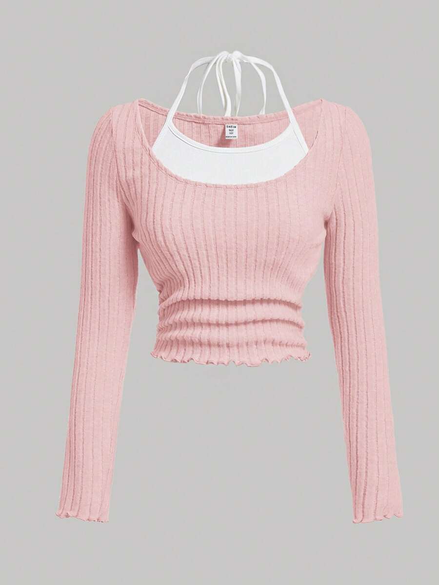 SHEIN Girlism Áo thun cổ tròn tay dài đơn giản thoải mái màu sắc đơn giản cho bé gái tuổi teen - Hồng - Xem 1