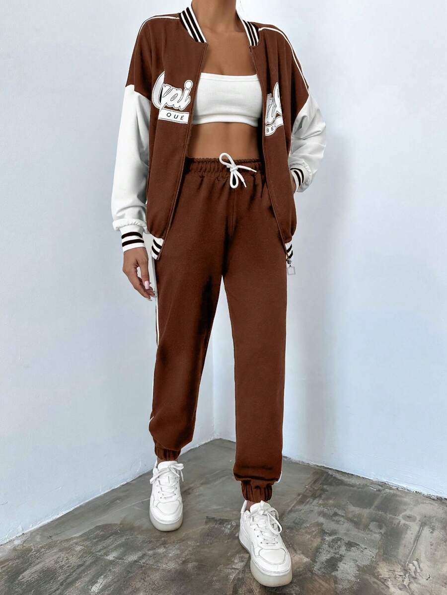 EURMUSE 2pcs Women Solid Color Patchwork Front Zipper Letter Print Long Sleeve Top And Pants Casual Suit - Chocolate Brown - View 1