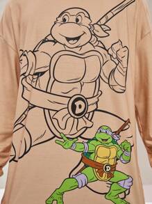 TEENAGE MUTANT NINJA TURTLES | SHEIN Áo thun tay dài dáng rộng in hình con rùa hoạt hình thường ngày cho nam - Màu Khaki - Xem 4