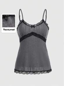 ROMWE Kawaii 对比色蕾丝吊带背心，学校 - 灰色 - 查看 1