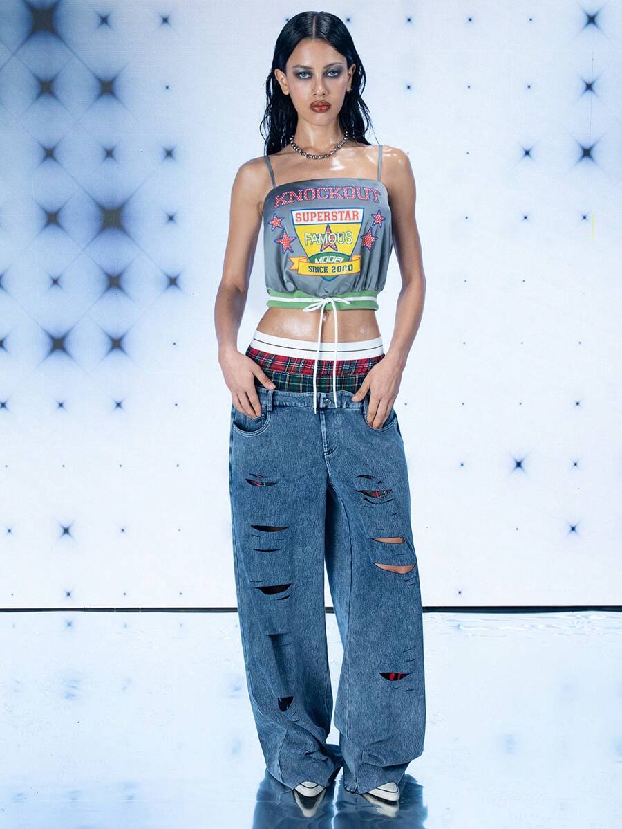 FREAK CITY Designer Women Distressed Washed Denim Effect Baggy Layered Waist Pants Retro Street Navy Blue Cowgirl Pants, For Holiday, Vacation, Spring, Festival, Ibiza Fits