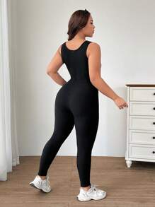 SHEIN EZwear Plus Size Women's Summer Solid Color Square Neck Jumpsuit - Black - View 2