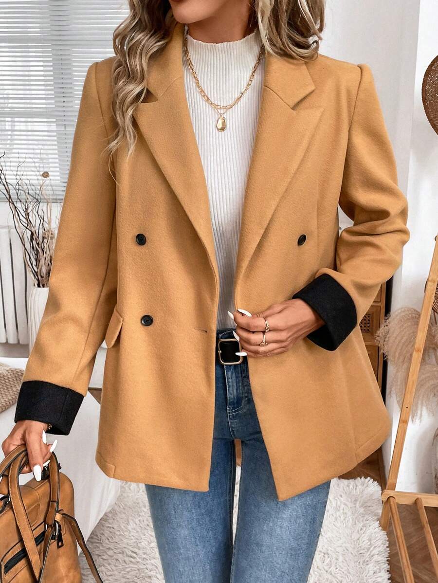 SHEIN LUNE 女式休闲拼色拼接基本款秋冬西装外套 - 棕色 - 查看 1