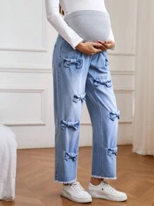 SHEIN Maternity Simple Patchwork Bowknot Decor Casual Denim Pants, Jeans - Light Wash - View 3