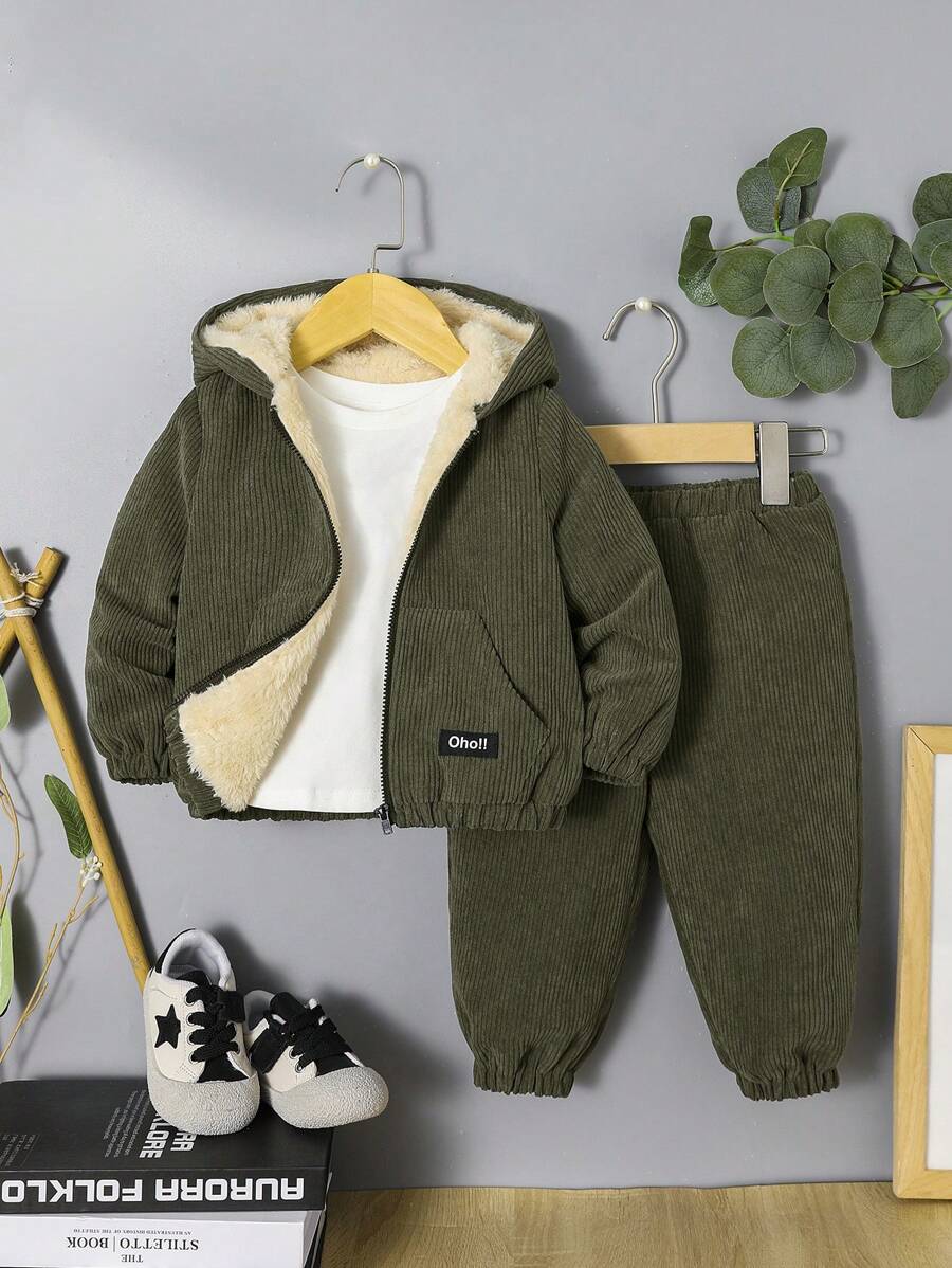 SHEIN Leap Crew Bộ 2 quần áo nỉ có mũ trùm đầu cho bé trai sơ sinh và quần cạp chun, quần áo mùa thu đông - xanh quân đội - Xem 1