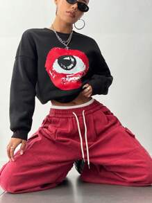 StreetHx Sudadera holgada casual con estampado de ojo para mujer, otoño - Negro - Ver 3