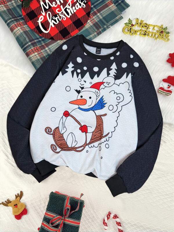 1pc Women Crewneck Sweatshirt, Funny Snowman Skiing Print, Comfortable Sweatshirt Fabric, Winter Warm Series, Casual, Cozy Family Matching