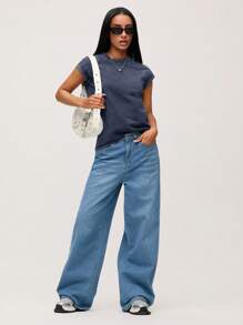 SHEIN BASICS Áo thun cổ tròn dệt kim màu trơn đơn giản thoải mái cho nữ - Màu xanh lam - Xem 5