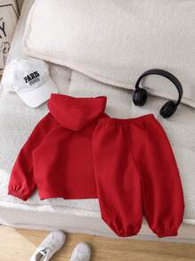 SHEIN 2 件男婴圣诞装饰针织领连帽衫和松紧腰裤套装，休闲运动百搭装，适合外出、居家、圣诞派对