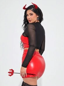 SHEIN SXY Women's Round Neck Long Sleeve Mesh Contrast Hollow Out Simple Casual Top - Red and Black - View 2