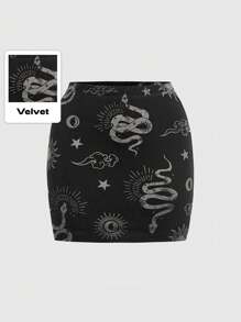 ROMWE Goth 大尺碼天鵝絨蛇日月星印花緊身半身裙