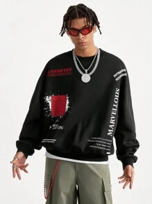 Manfinity NXTstreet Men's Loose Knit English Text Graphic Crew Neck Long Sleeve Sweatshirt, For Fall Winter - Burgundy - View 3