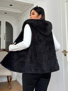 Solflare Plus Size Plush Hooded Zipper Sleeveless Vest, Black, Autumn/Winter Fall