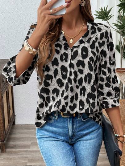 SHEIN LUNE Ropa de Navidad para mujeres, blusa casual de oficina, uniforme de trabajo para maestras, ropa para fiestas, camisa negra con estampado de lentejuelas, conjunto para Año Nuevo, blusas de manga larga